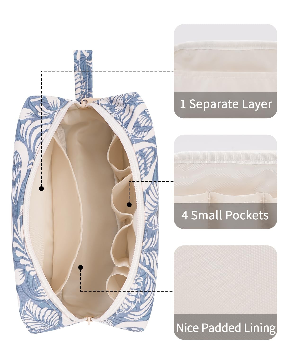 Narwey Cute Makeup Bag Small Toiletry Travel Cosmetic Large, Blue Leaf