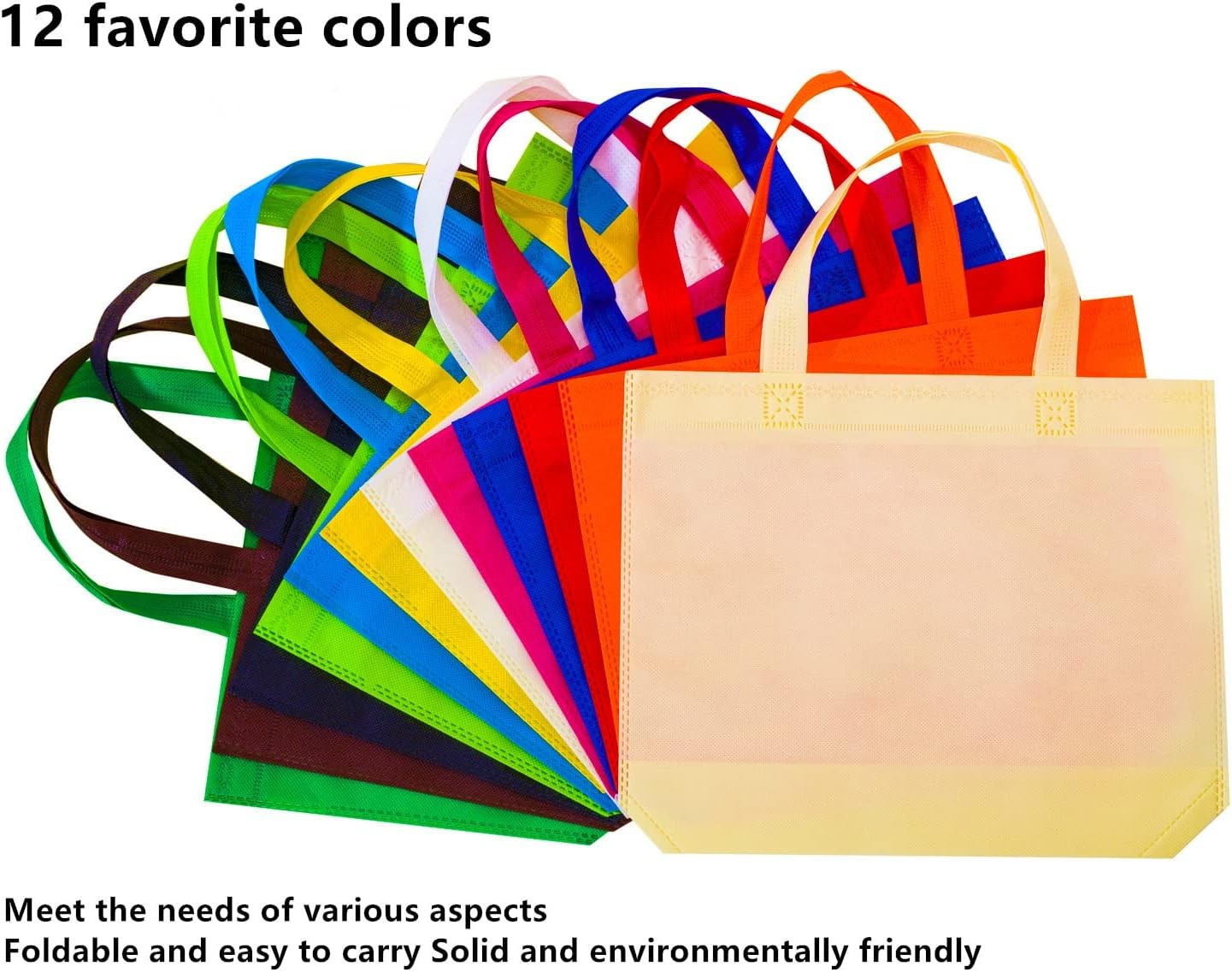 12 pack reusable multi-color 13″ non-woven tote gift bags