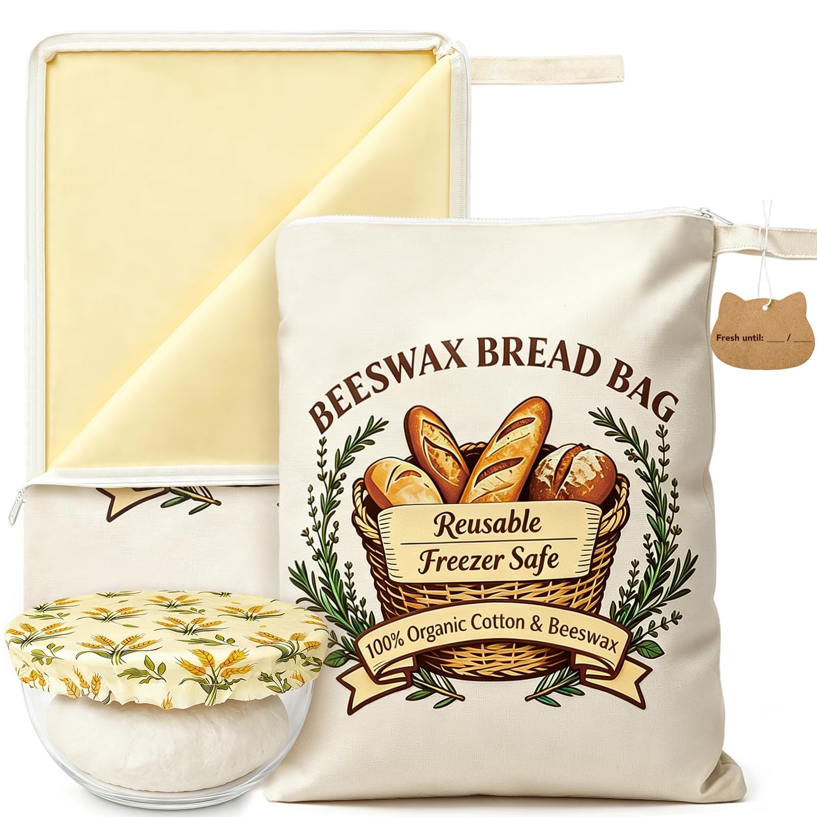 Beeswax Bread Bags with Zipper Seal – Extra Large 13X17 Inches, Style 2