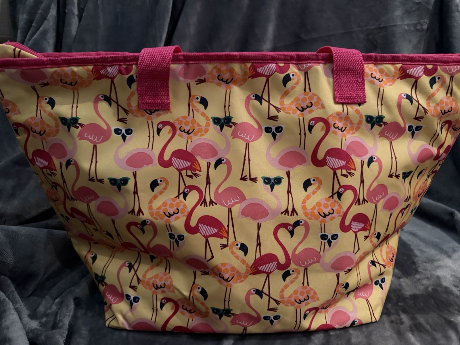 Thirty-One Flamingo Print Insulated Foldable Shopping Bag Pink Yellow Polyester