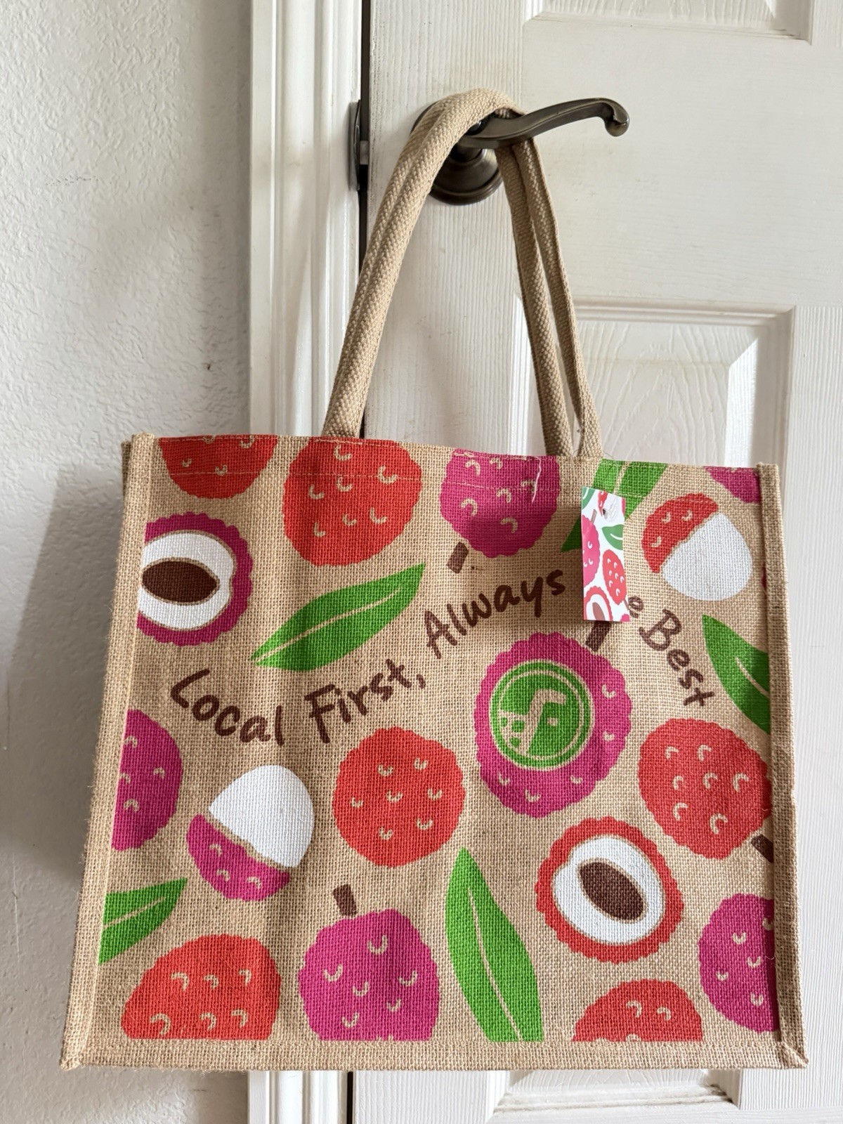 Foodland Jute Reusable Shopping Tote Bag Fruit Pattern With Handles 14x13x6″