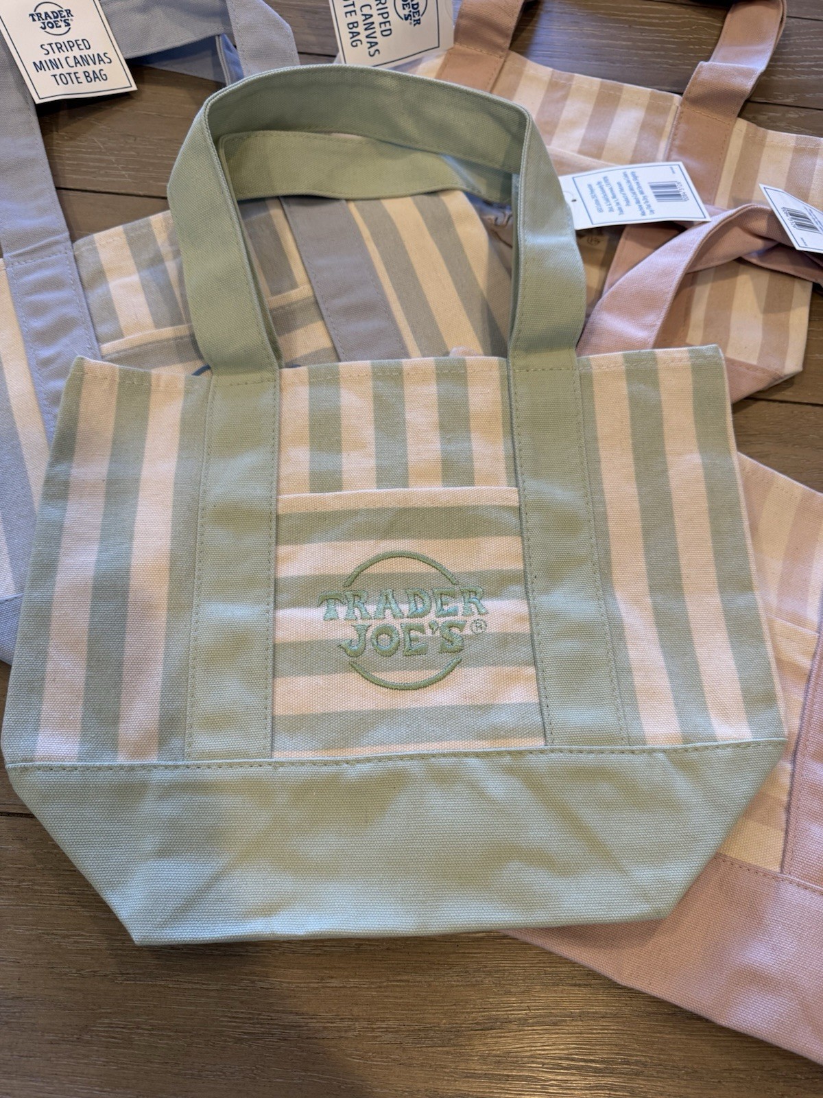 Set of 4 Trader Joe’s Striped Mini Canvas Tote Bag in pink, blue , green, taupe