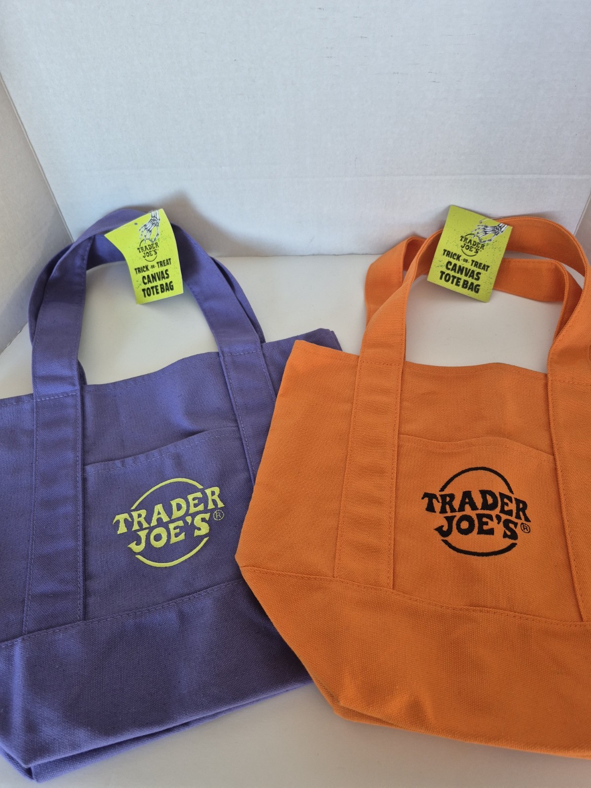 2 NEW Limited LE Trader Joe’s Mini Halloween Canvas Tote Bag Purple & Orange