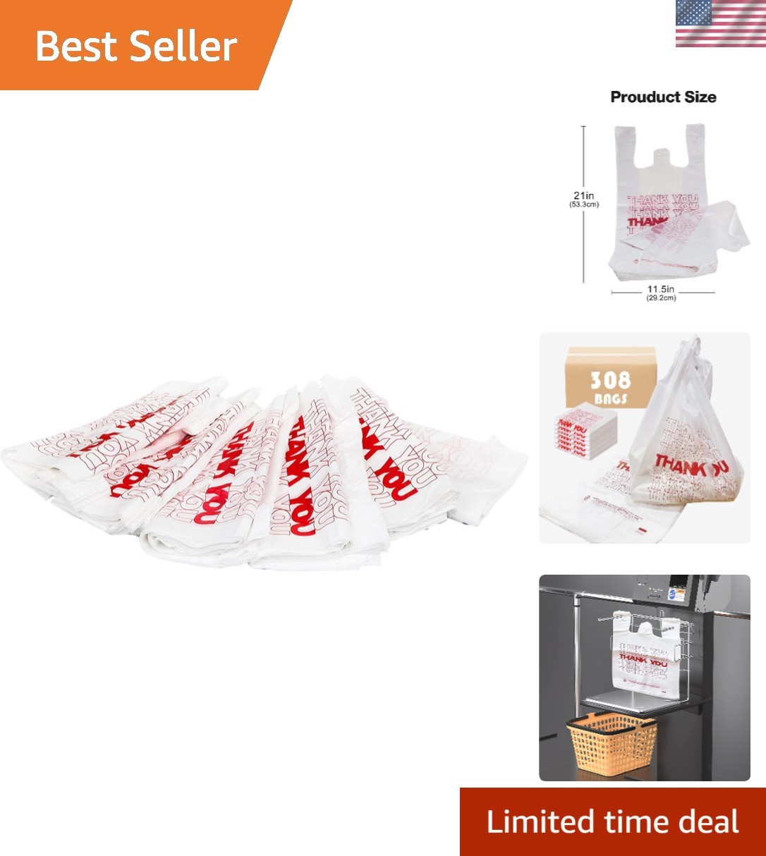 308 Count Reusable Thank You Bags – 11.5×6.25×21 Inches, Perfect for Groceries