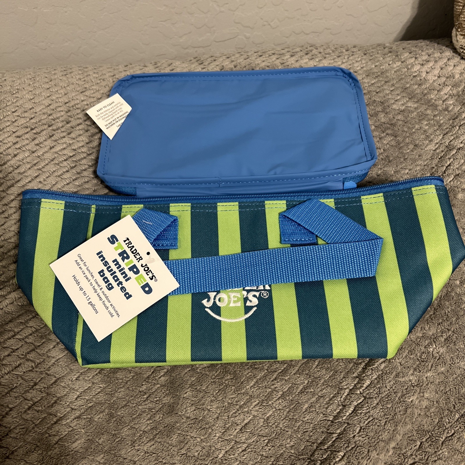 Trader Joe’s Striped Mini Insulated Tote Bag Blue and Green Striped NEW Limited