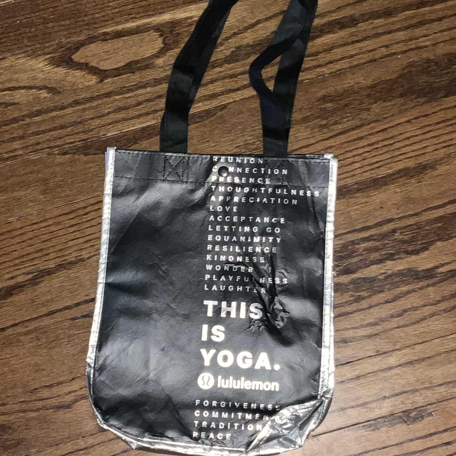 Lululemon Black Foldable Reusable Shopping Bag Plastic Contemporary Text