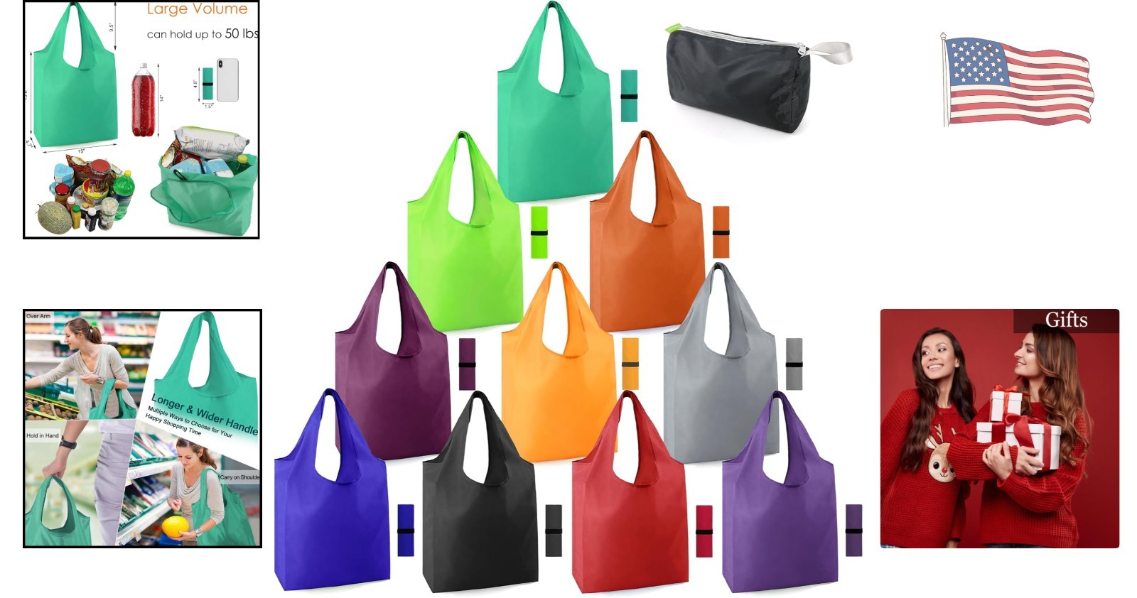 Durable Folding Reusable Shopping Bags – 10 Pack with Zipper Pouch, Eco-Friendly