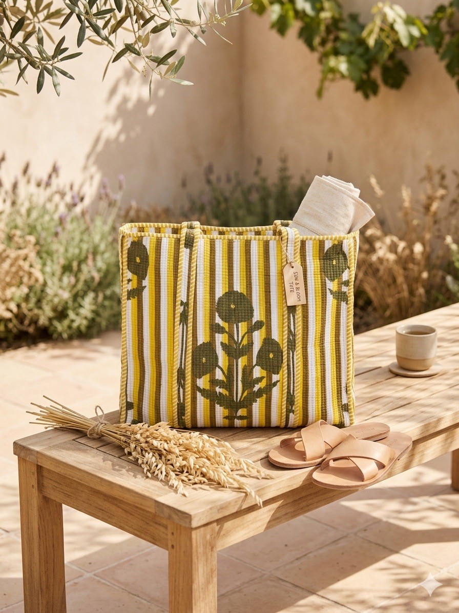 Reusable Shopping Tote Bag 18x18x18 in Striped Yellow Green White Double Handles