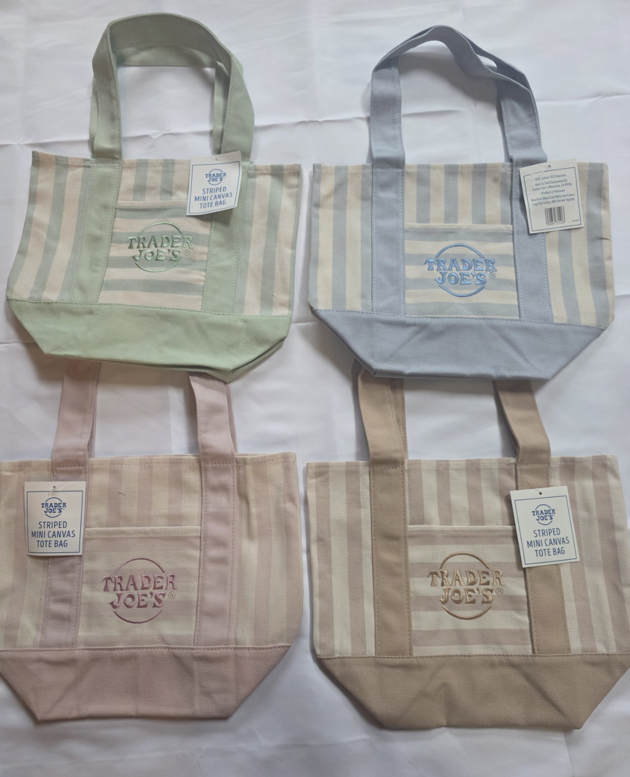 Trader Joe’s Striped Mini Canvas Tote Bag Set of 4 Pastel Colors NWT.
