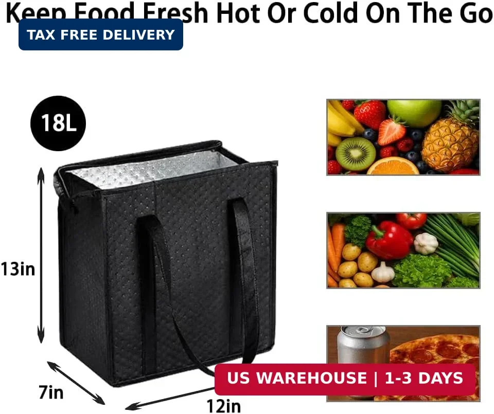 18L Insulated Grocery Bags with Zipper, Reusable Thermal Cooler Tote Bag for Hot