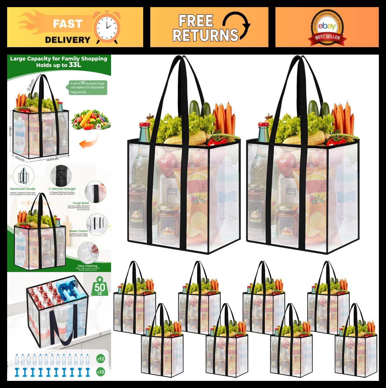 10 Pack Heavy-Duty Reusable Grocery Bags, Water-Resistant & Foldable, 33L Capaci