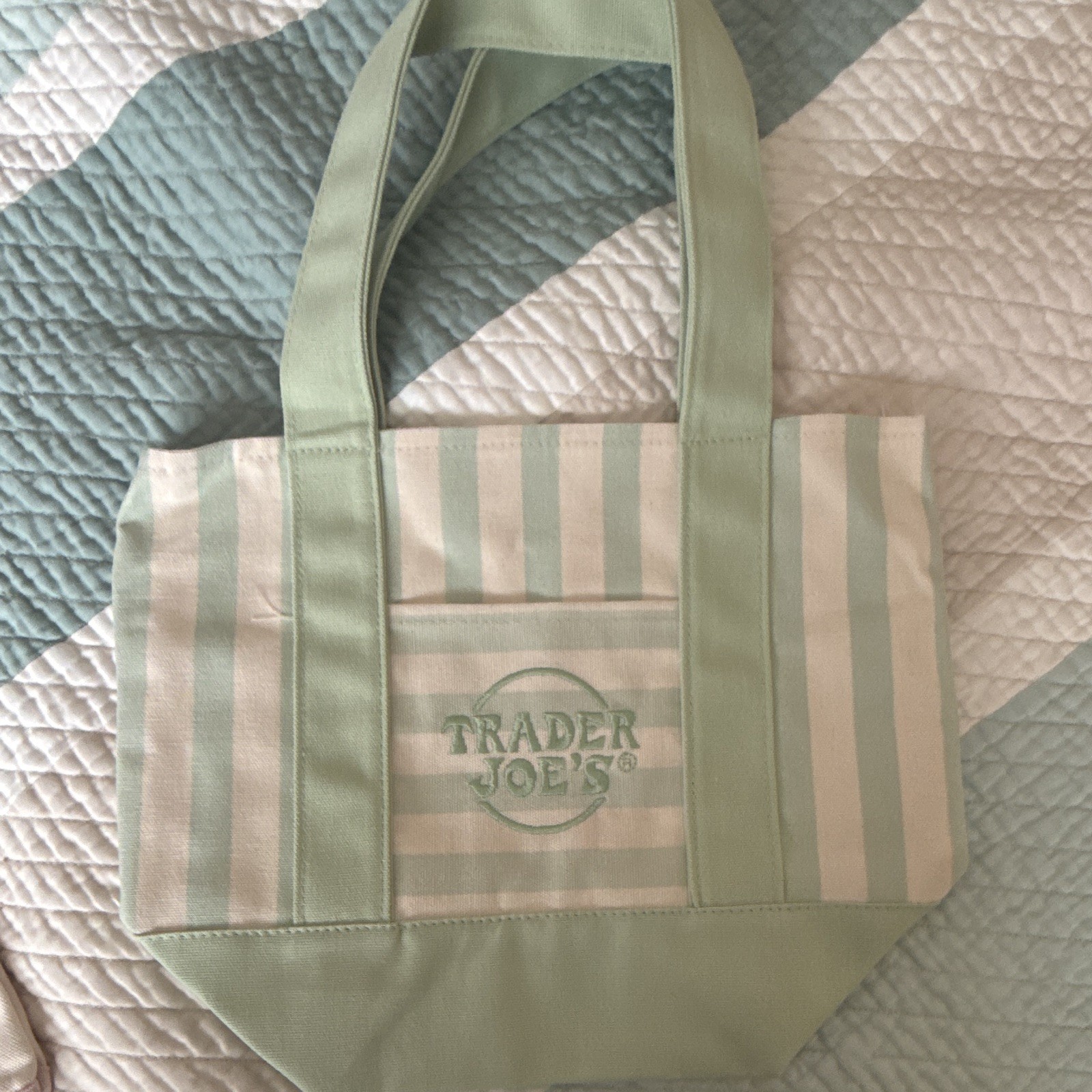 Trader Joe’s Green & White Striped Canvas Tote Bag Authentic New
