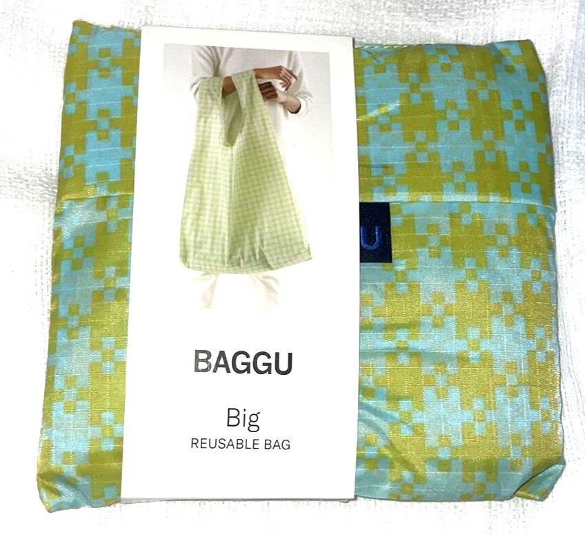 Big Baggu Mint Pixel Gingham Green Blue Reusable Bag New Huge Size Laundry Shopp