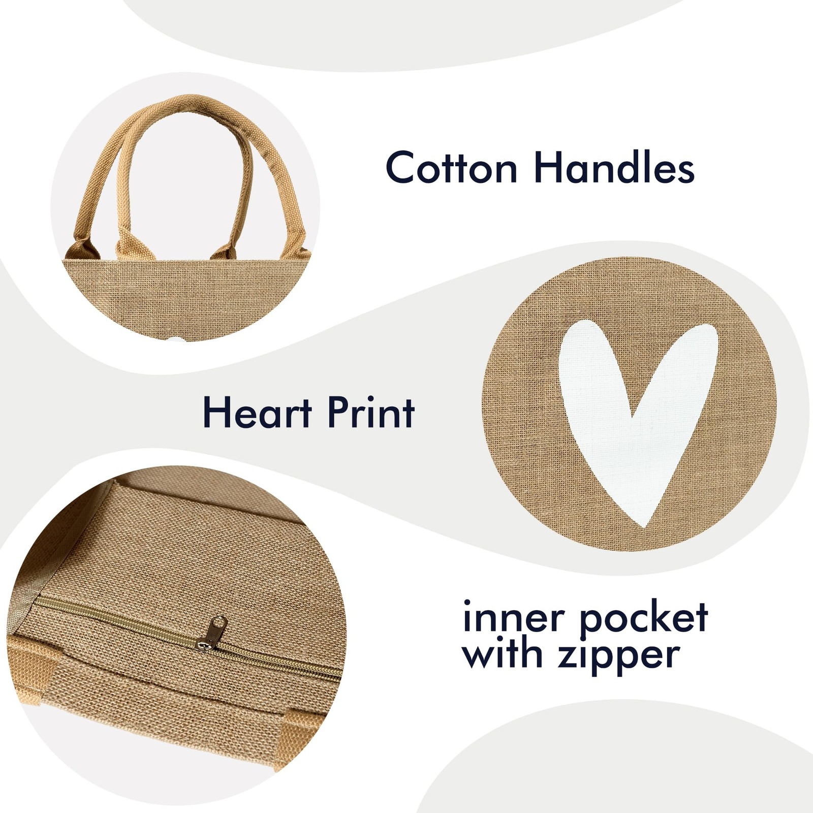 Burlap Tote Bags Handles White Heart Printed Reusable Jute Gift Waterproof