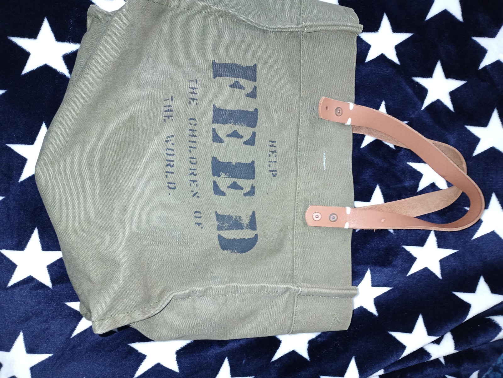 FEED Projects Canvas Tote Bag Olive Green Leather Handles Help Feed The Children