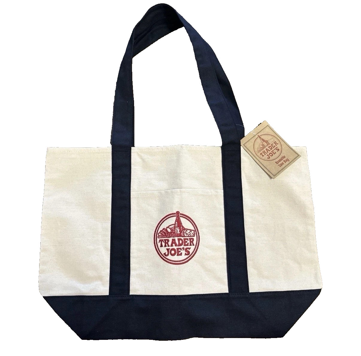 Trader Joe’s Canvas Large Tote Bag Off White-Navy Blue authentic NEW (NB98-3836)