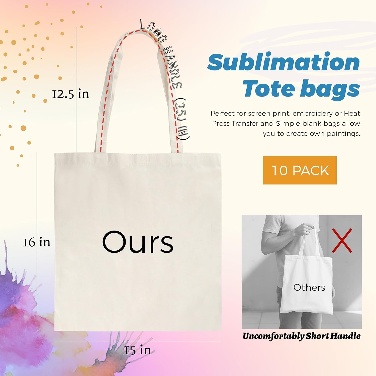 10 Pack Sublimation Tote Bags Blanks large 15 x 16 in W/ Long Handle Reusable