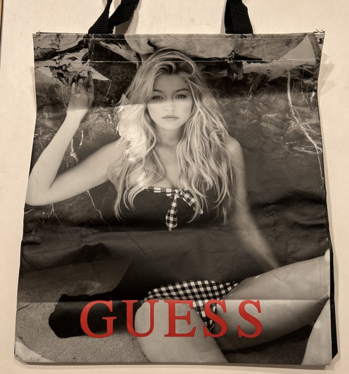 GUESS Reusable Tote Shopping Gift Bag 15” X 14” X 5” DOUBLE SIDED MODEL PHOTOS