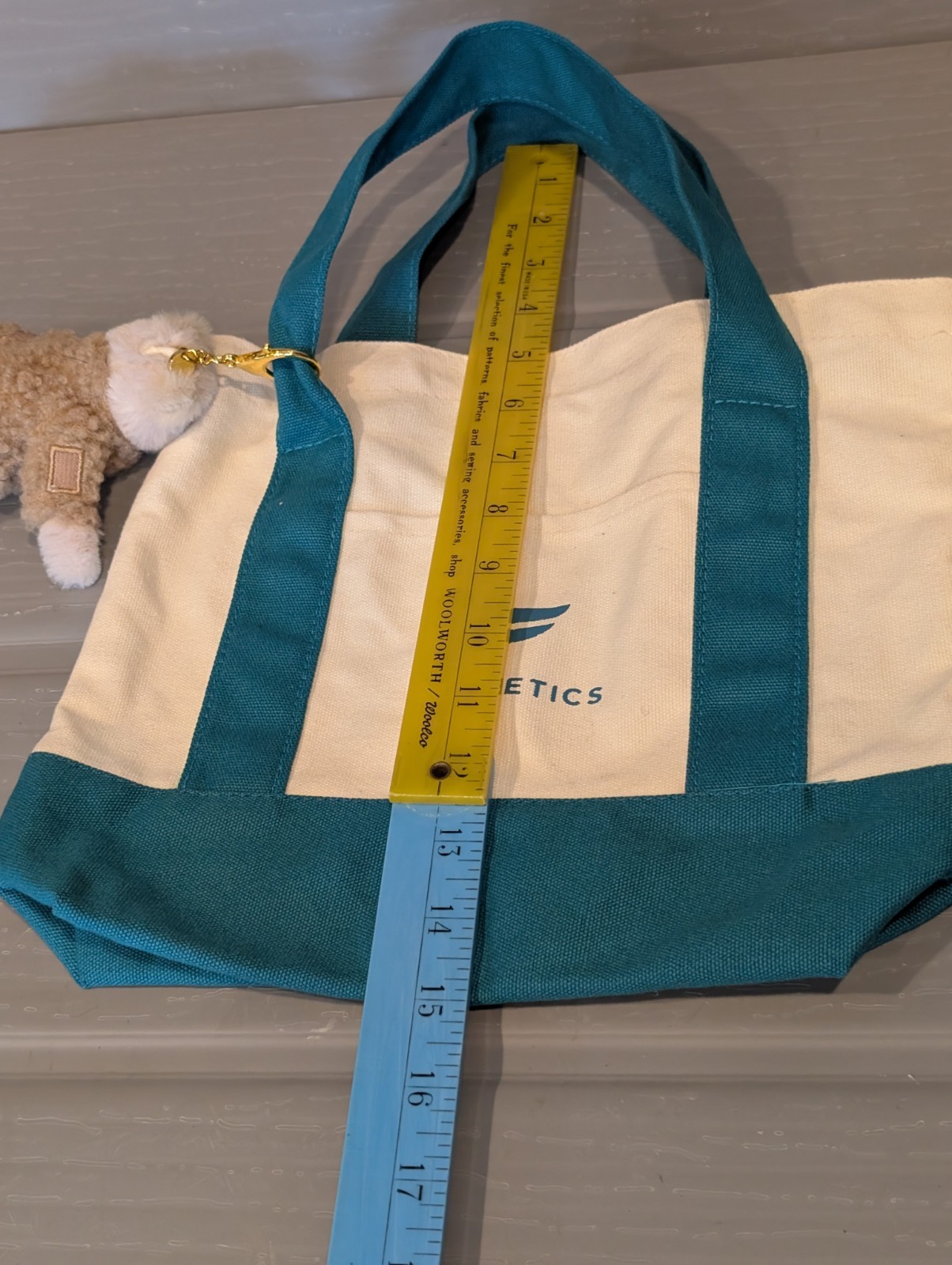 Fabletics Reusable Canvas Tote Bag With Fabletics Plush Bear Bag Charm