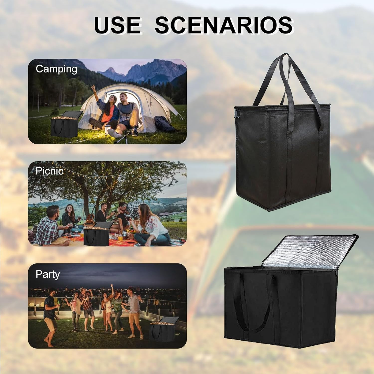 3 Pack Insulated Grocery Bags with Zippered Top, Black Shopping Bags with Handle