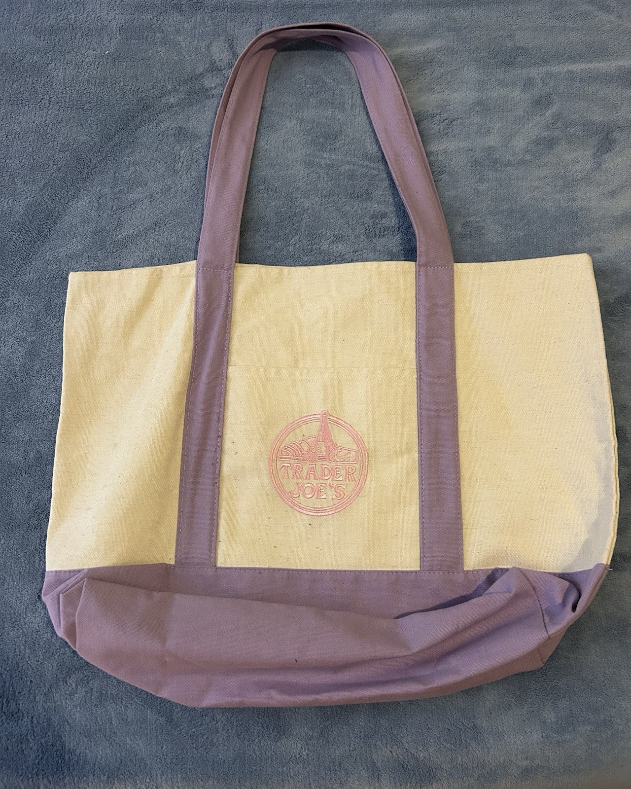 Trader Joe’s Tote Bag, Beige/Purple Logo Reusable Shopping Bag 20x14x8