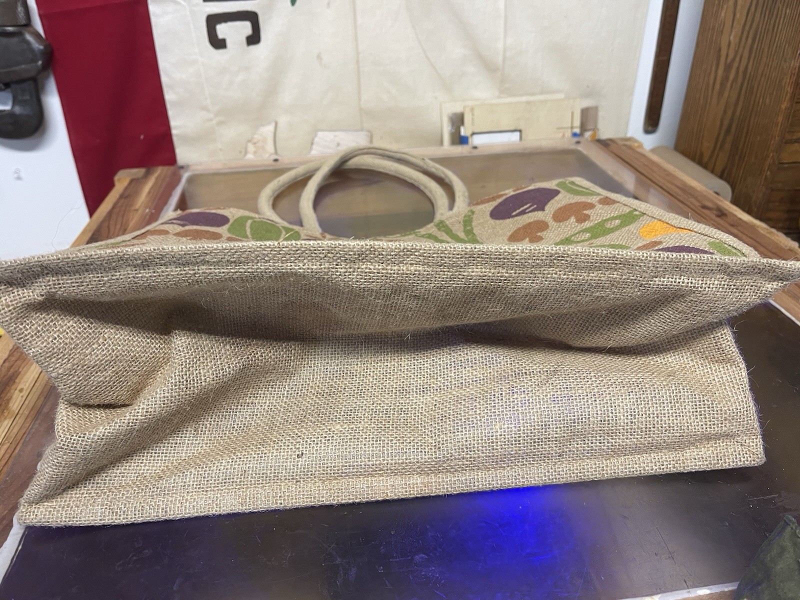 Trader Joe’s Jute Burlap Expand Tote Bag Vegetables Eggplant 17”x13”x8”