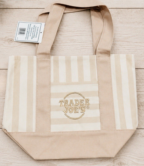 TRADER JOE’S Mini Pastel TAN Striped Canvas Tote Bag Limited Edition 2026 BROWN!