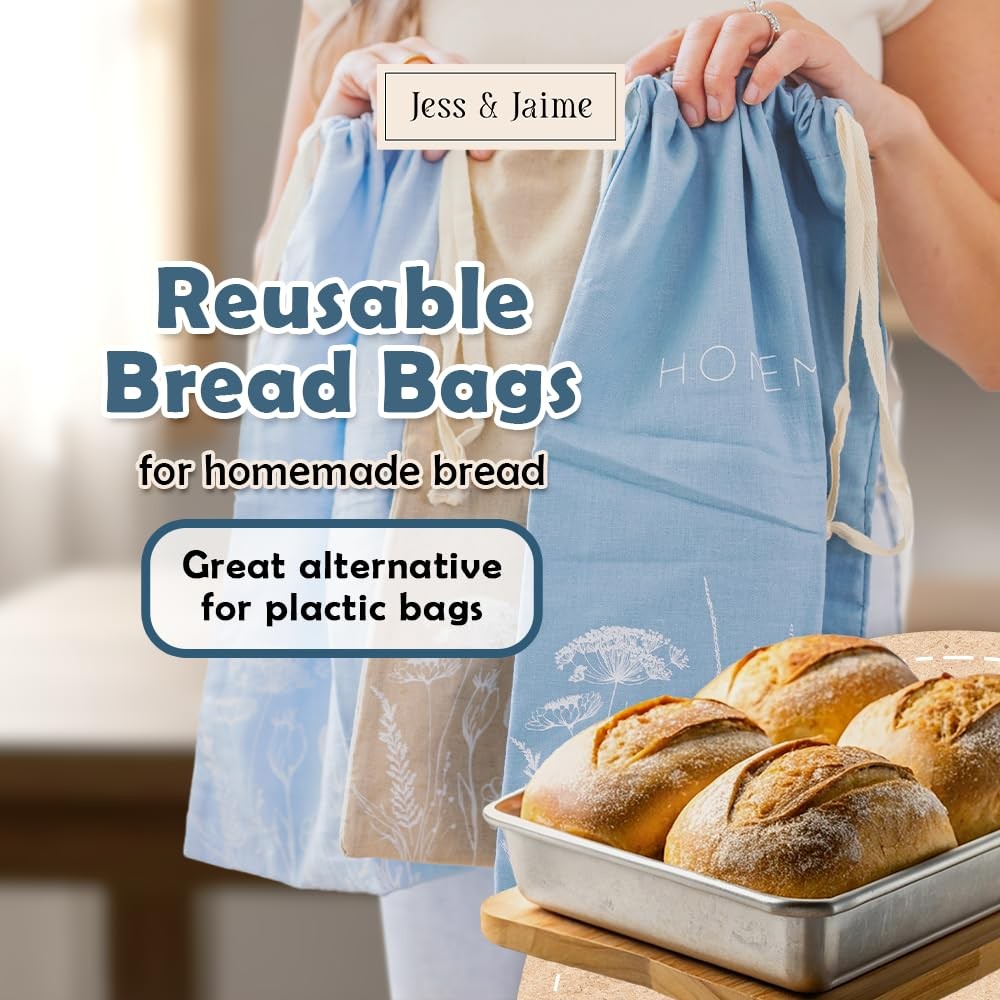 Reusable Bread Bags with Drawstring | XL Pack of 3 | Large, Striped Pattern