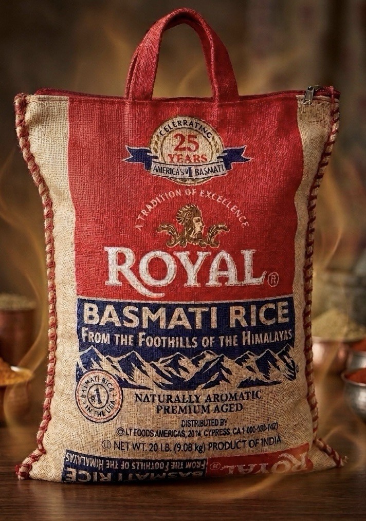 Royal Basmati Rice Burlap Tote Bag Zippered Reusable Market Grocery Sack Jute