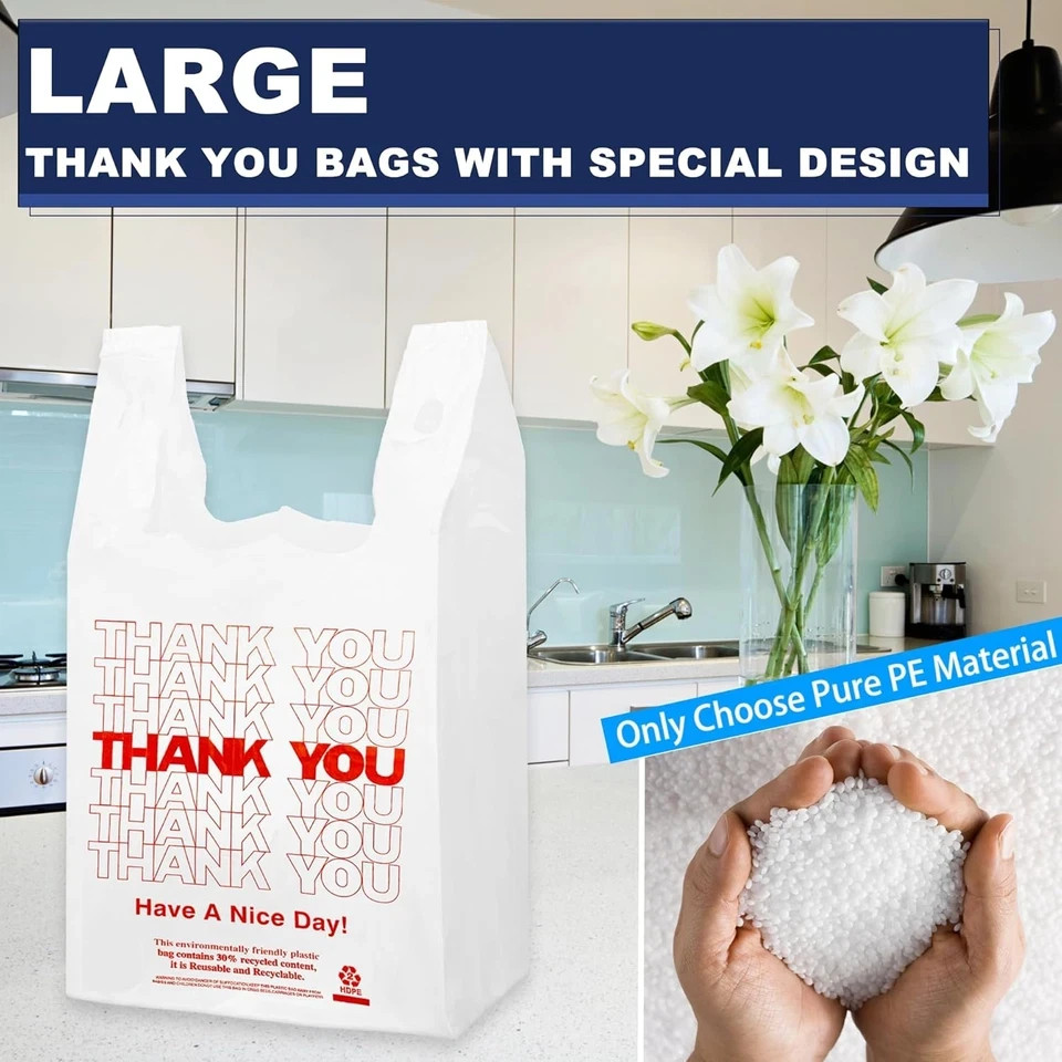 White Thank You T Shirt Bag, Grocery Shopping Bag Reusable and Disposable Superm