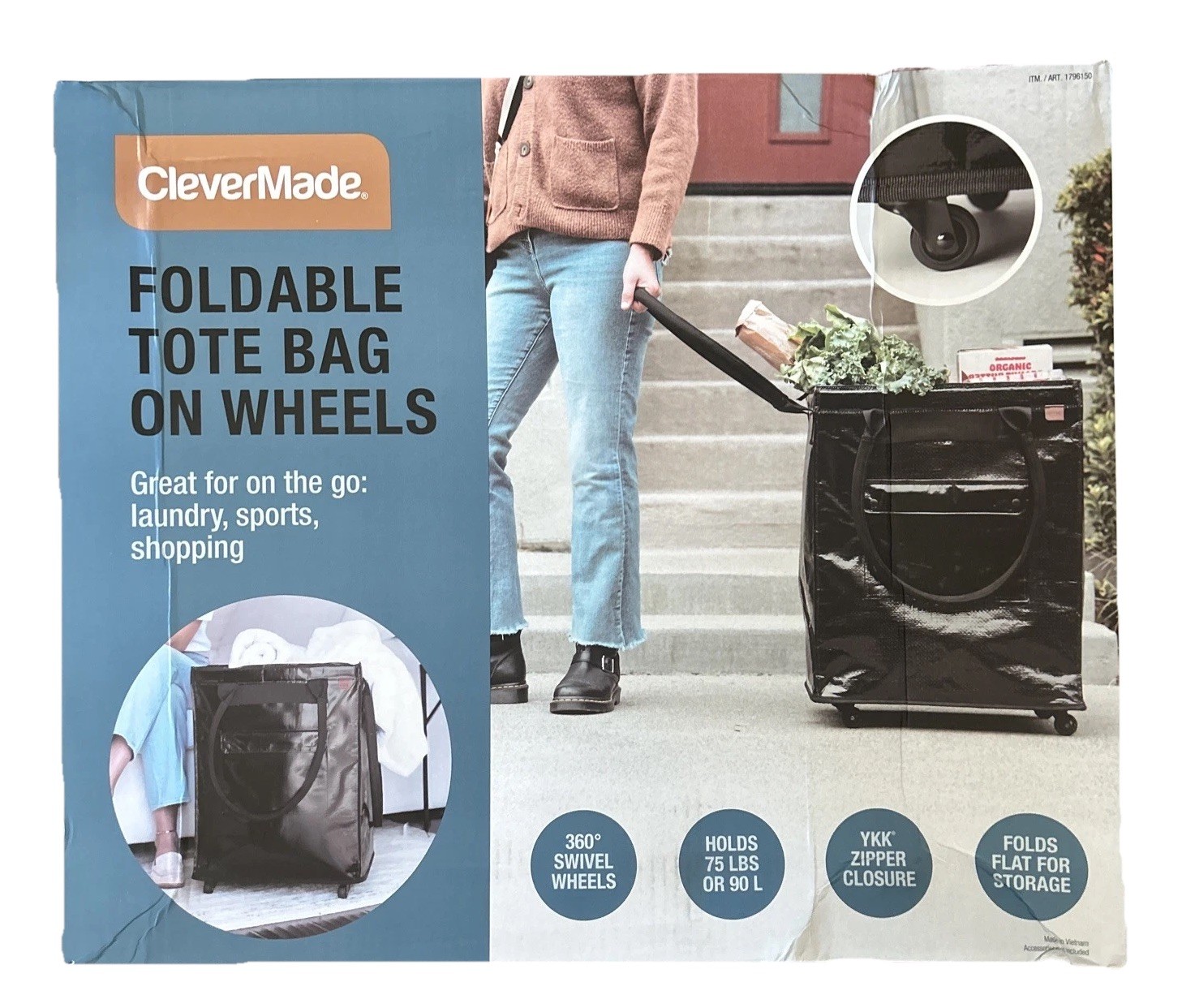 CleverMade Foldable Tote Bag on Wheels 14”Lx18”Wx24”H Soft Grip Black