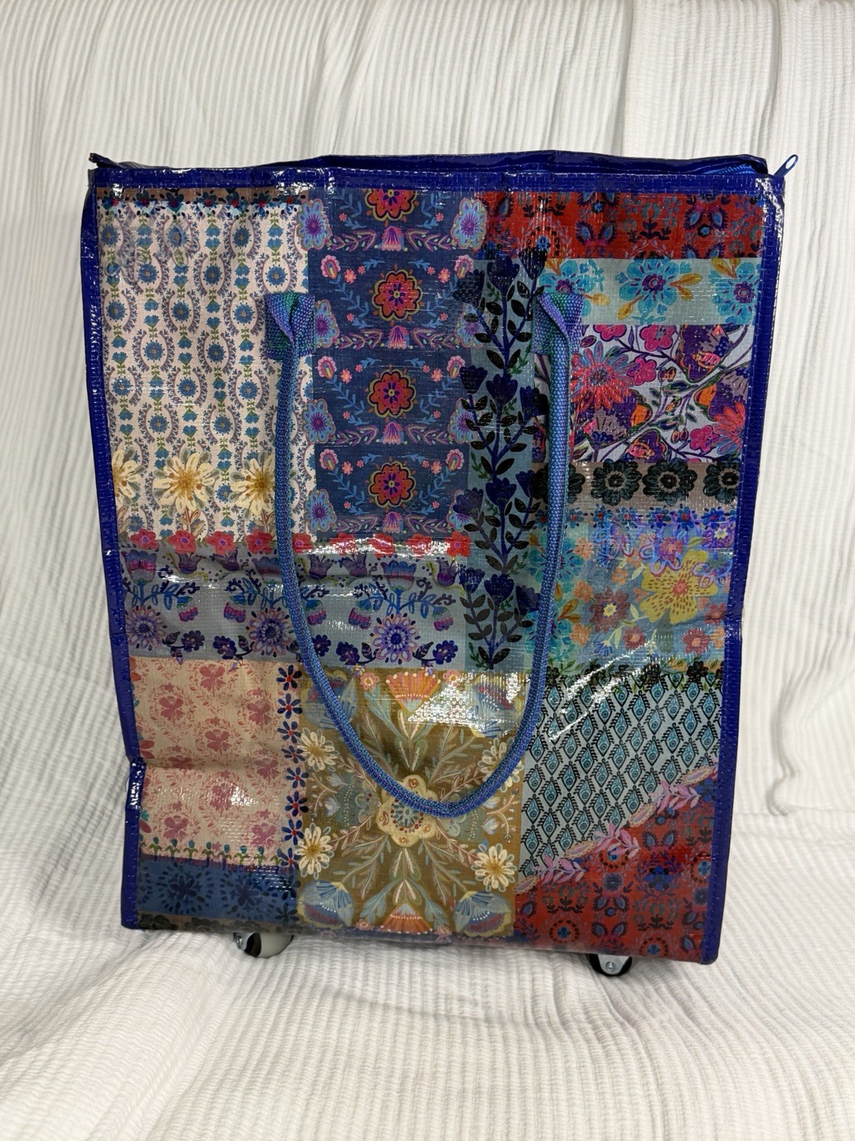 NW/OT Natural Life Reusable Rolling Tote Bag Blue Patchwork Wheels Boho