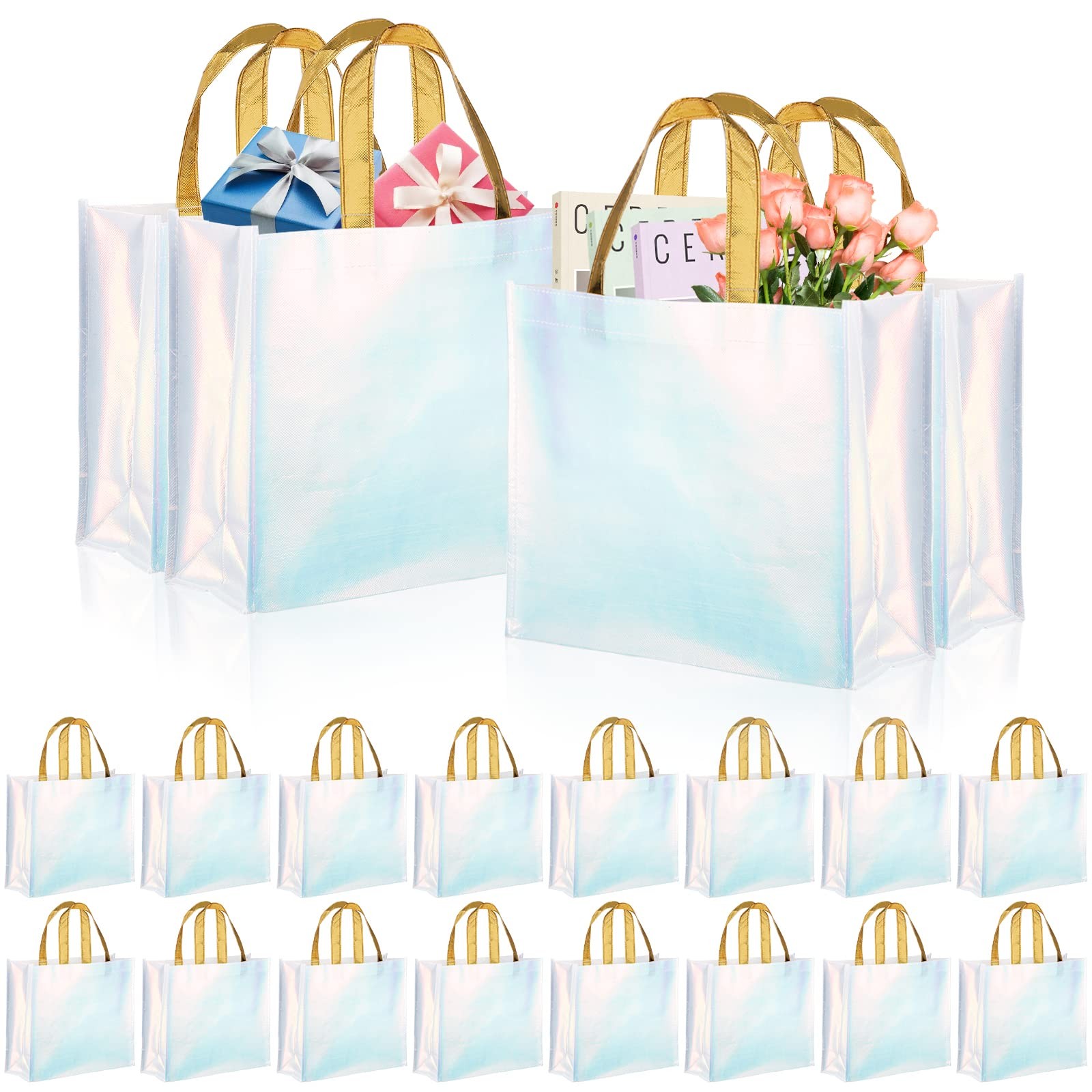 20-PCS Glossy Reusable Grocery Bag Non-Woven Blue Gift Bag with Handles