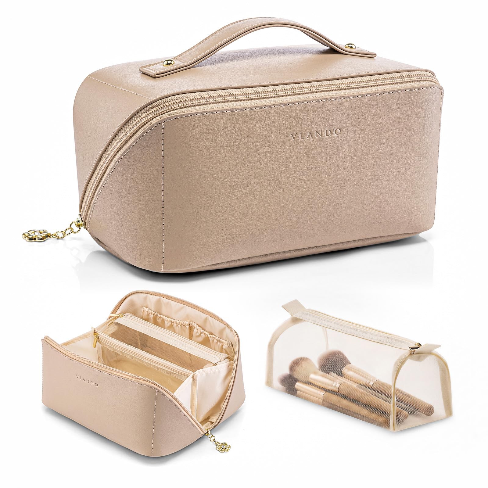 VLANDO Makeup Bag,Travel Toiletry 9.1 x 4.8 x 4.7 inches, 01.Toffee