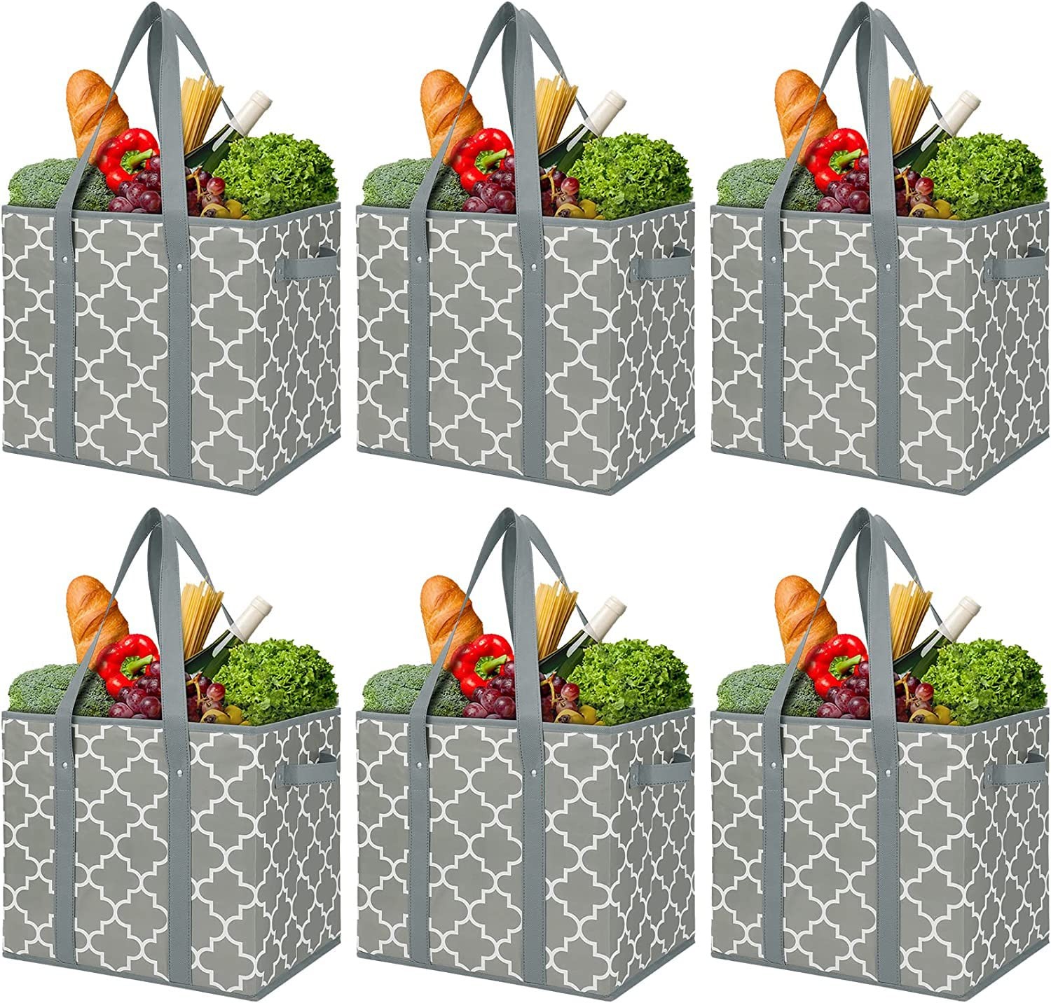 Reusable Grocery Bags 6-Pack Foldable Washable Storage Bins Basket Water Resi…