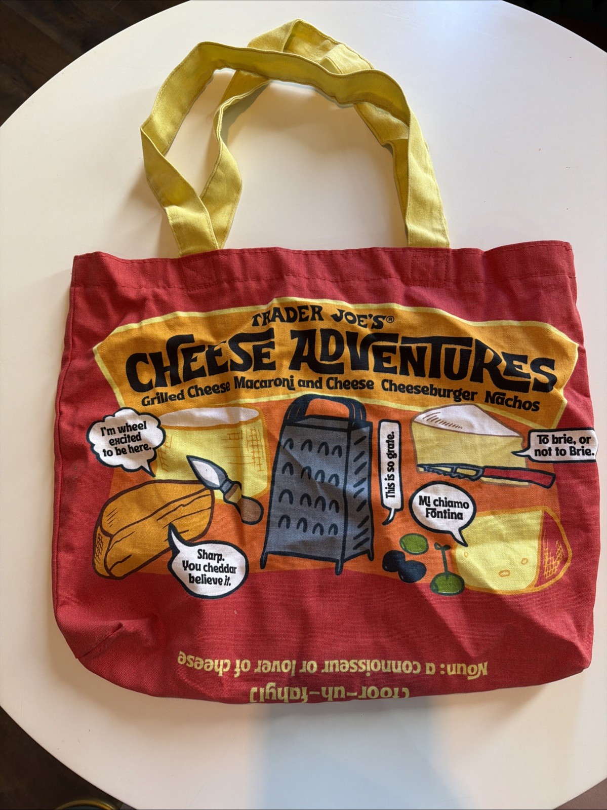 Trader Joe’s Bag Cheese Adventures Reusable Canvas Cotton Tote 13.5×18.5 Cheesy!