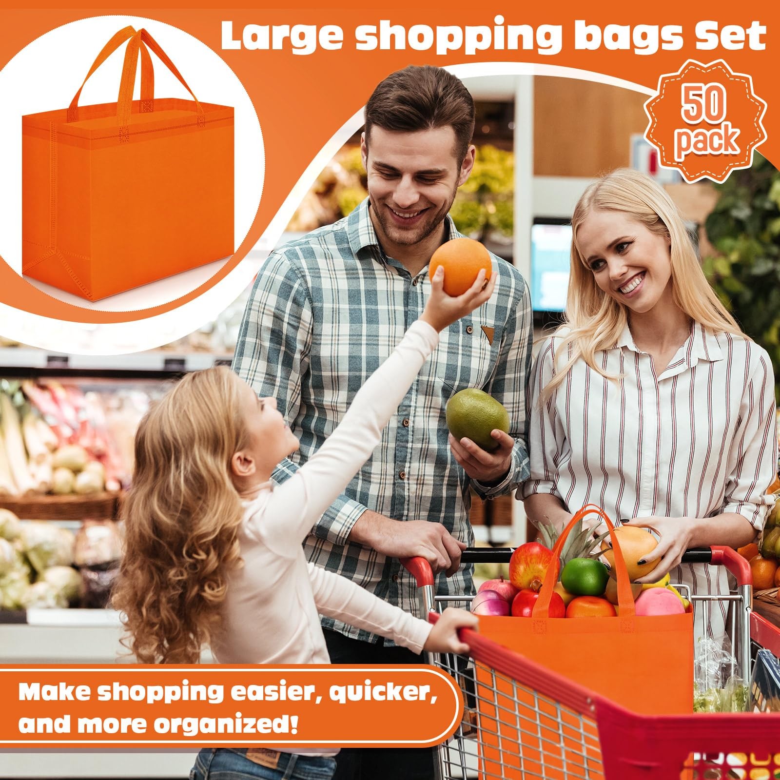 Reusable Grocery Bags Large Non Woven Shopping Tote Bulk 12.6×11.8×6.3 Inch