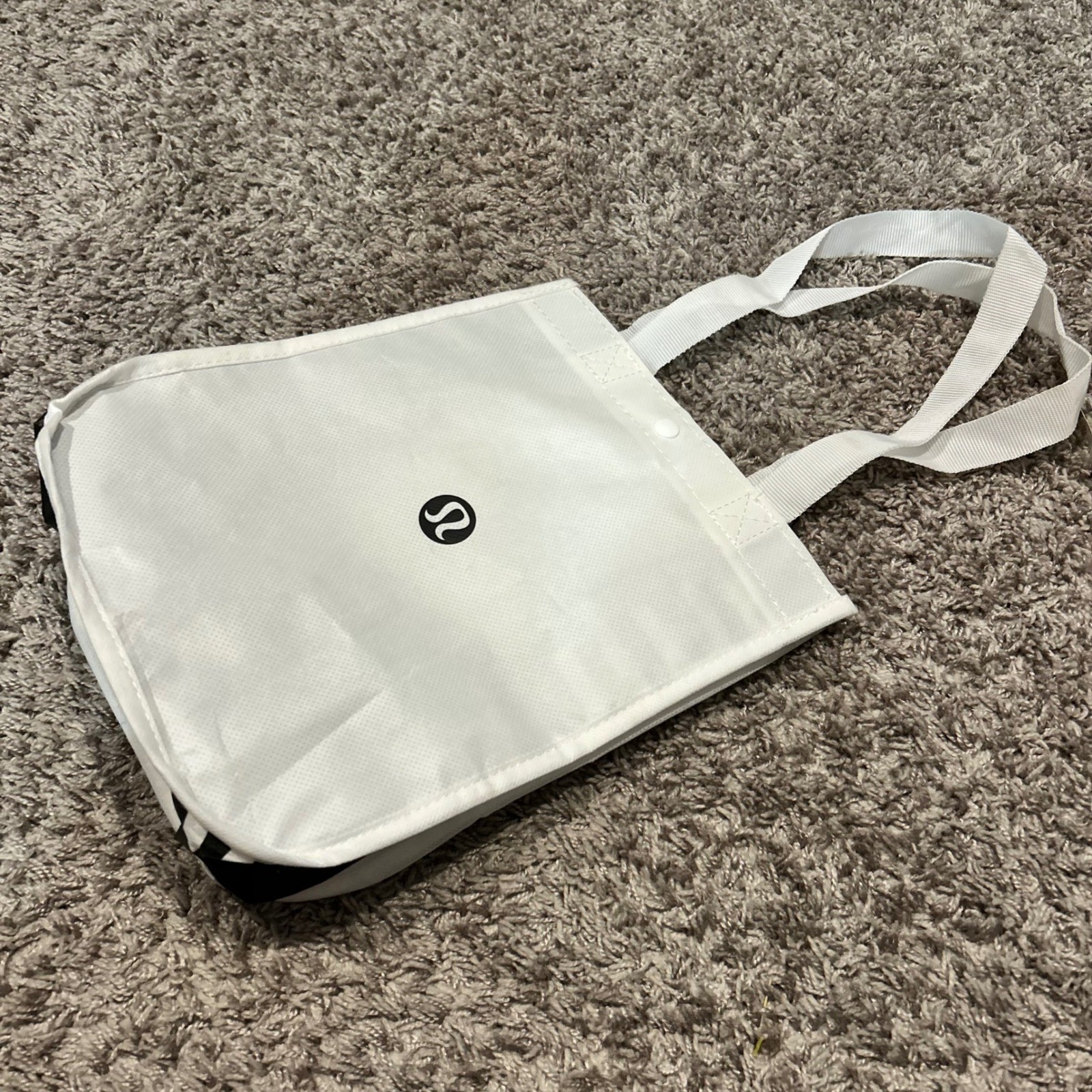 Lululemon Reusable Shopping Tote Bag White Black Logo Snap Closure