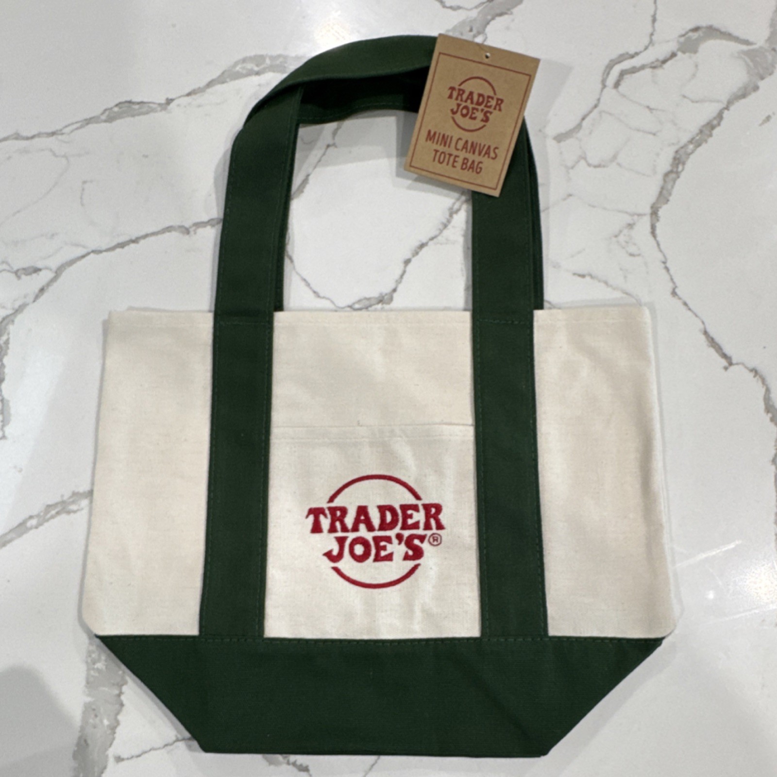 Trader Joe’s Mini Canvas Tote Bag Small Green Beige Foldable All-Over Pattern
