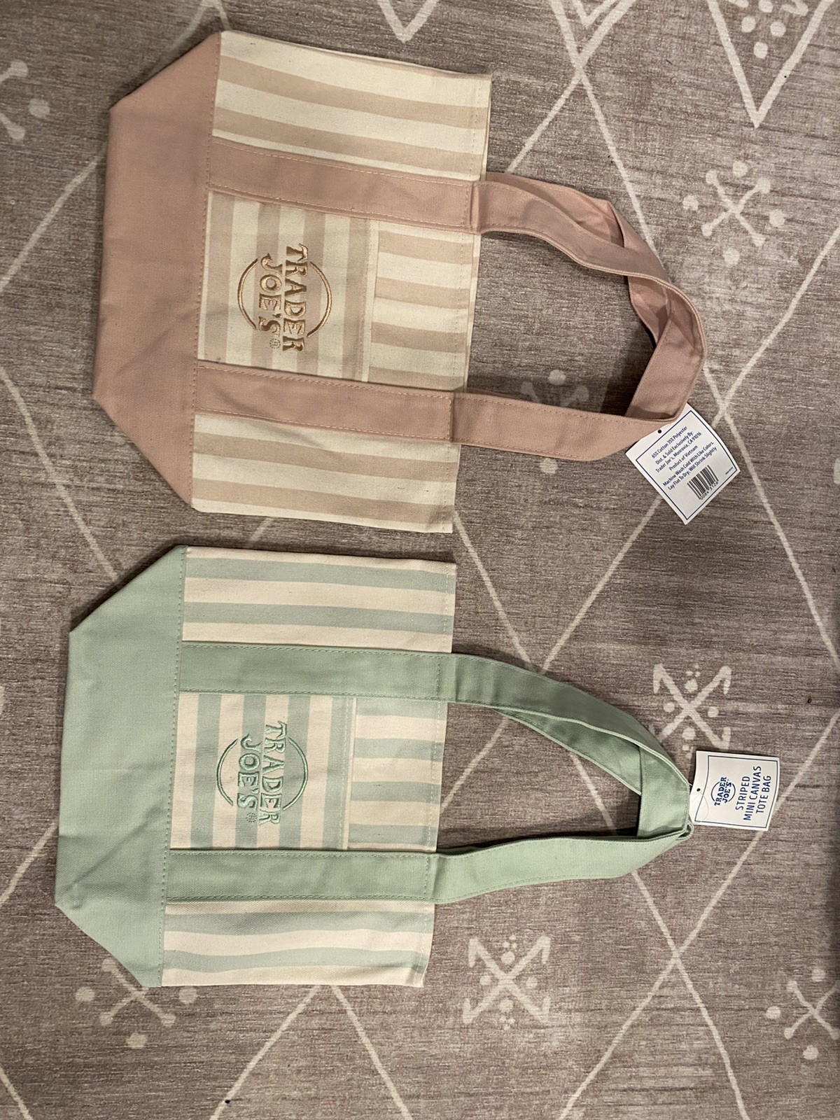 Trader Joe’s Pastel Mini Stripe Tote Bags LOT OF TWO NWT Authentic Green & Beige