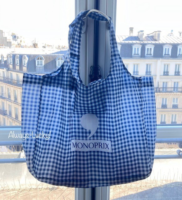 MONOPRIX France Reusable Nylon Shopping Tote Eco Grocery Bag Gingham Print NEW