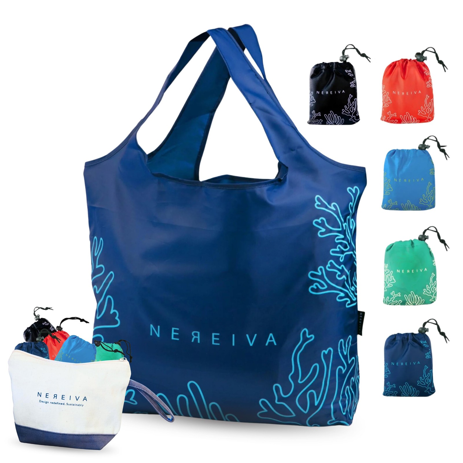 Nereiva 5 Pack Strong Reusable Grocery Bags Foldable into Tiny Pouch with Car…