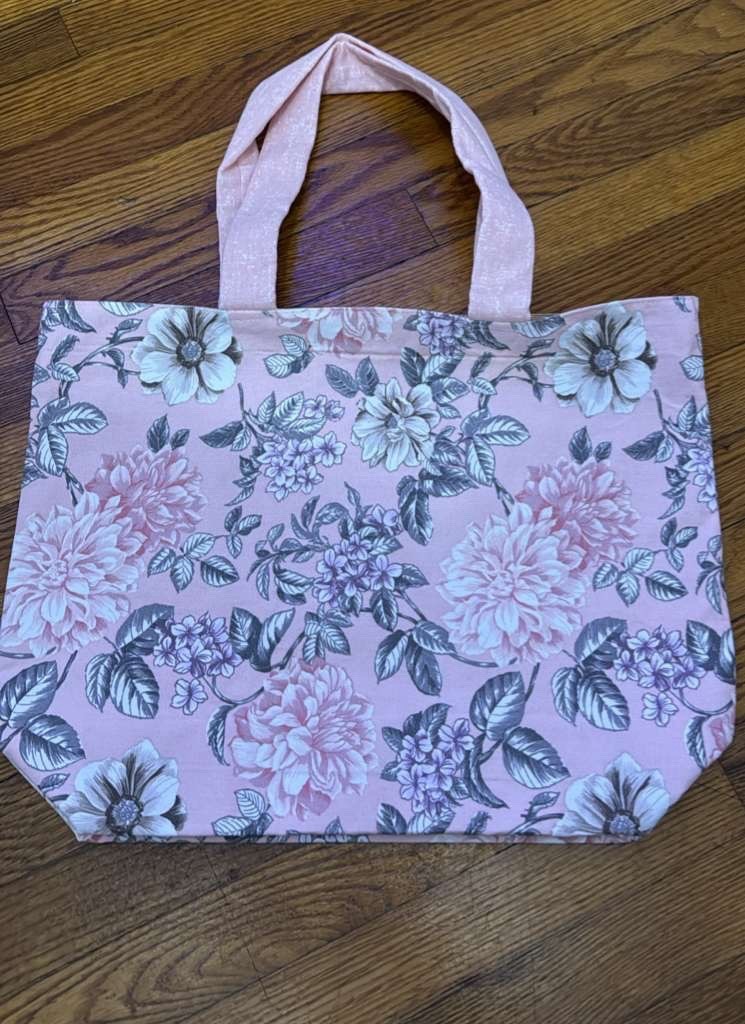 Pink Gray Floral Reusable Fabric Large Tote Shopping Bag 16-20 in Length