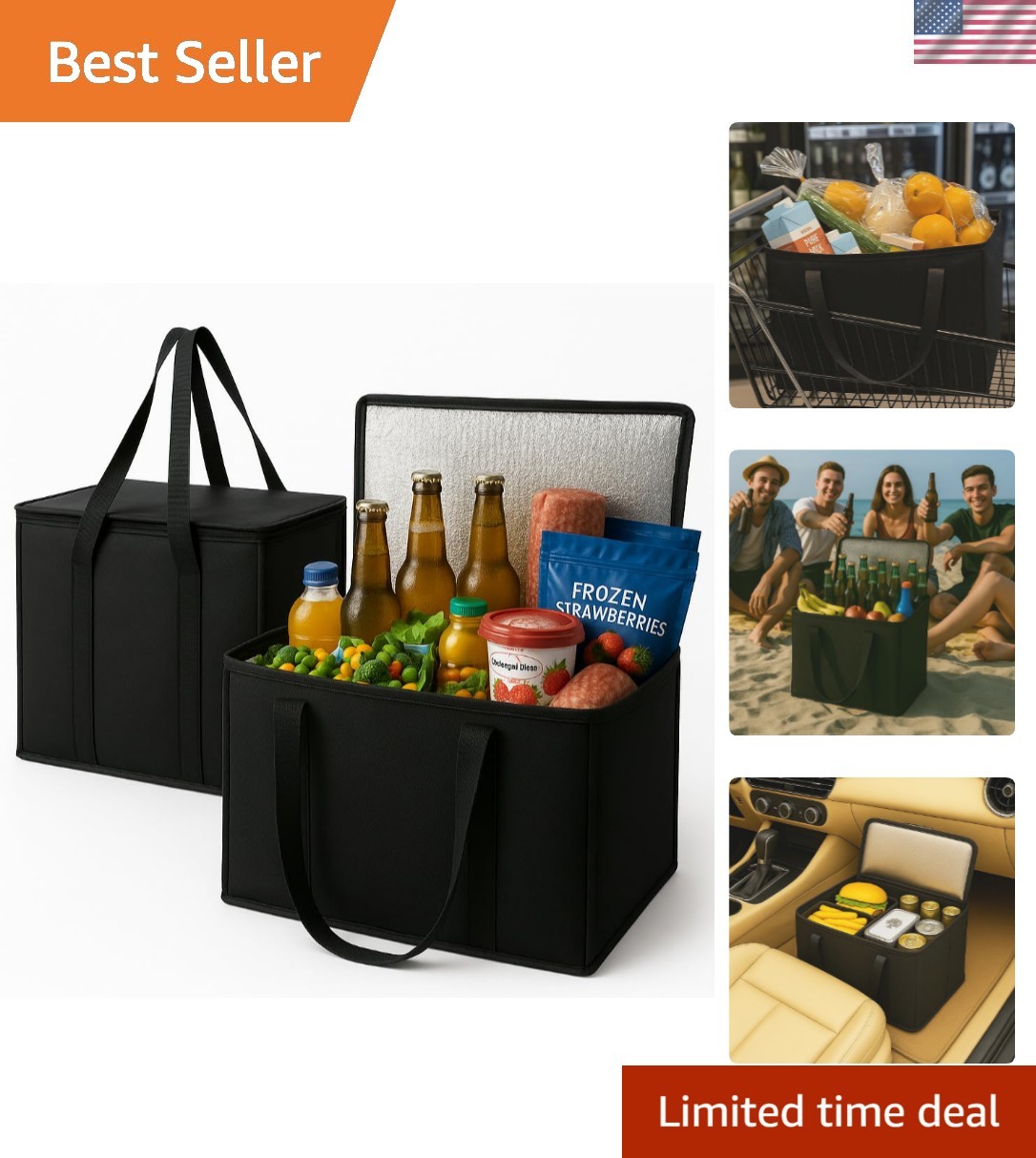 Durable Black Insulated Grocery Bags – 2-Pack XL, Perfect for Shopping & Camping