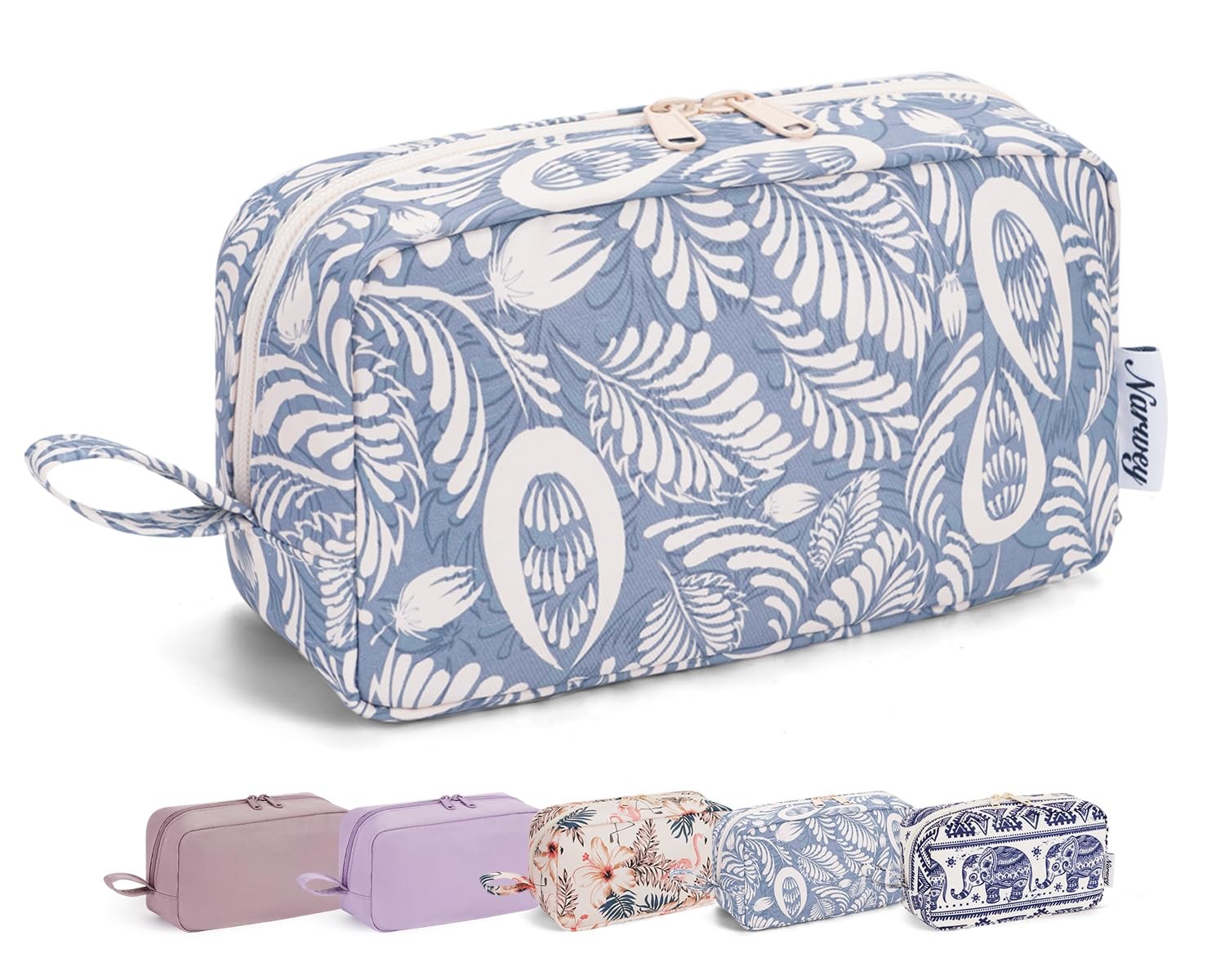 Narwey Cute Makeup Bag Small Toiletry Travel Cosmetic Large, Blue Leaf