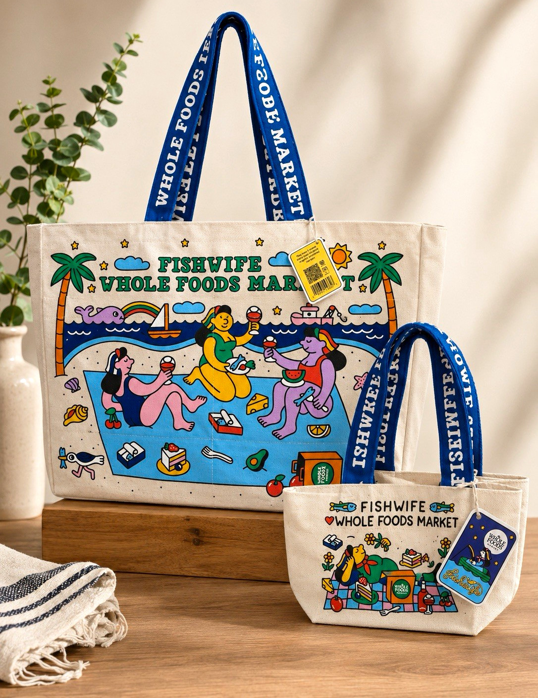 Whole Foods Market Fishwife 2-Piece Reusable Tote Set Multicolor 24x10x24