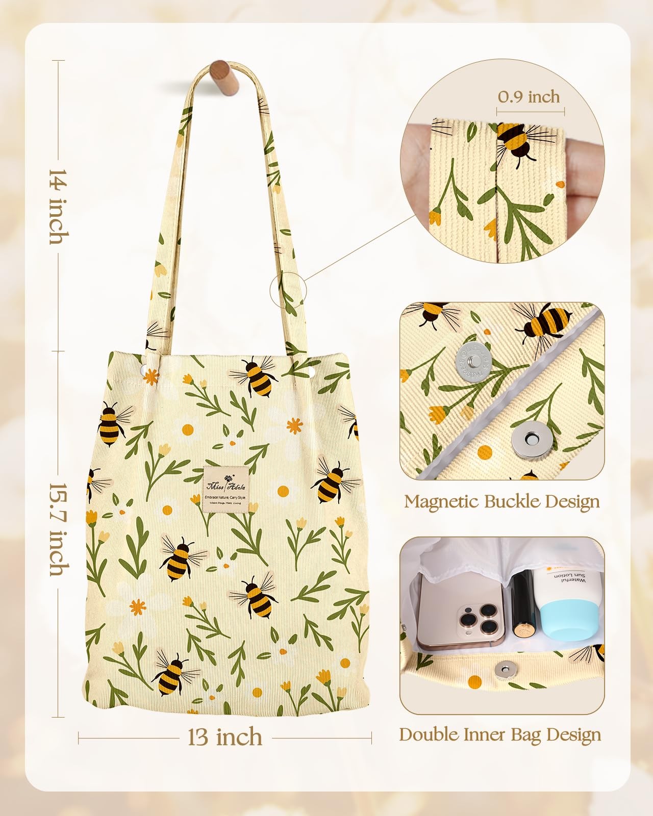 Corduroy Tote Bag for Women – Reusable Totes with Pocket & Buckle Cute Aesthe…