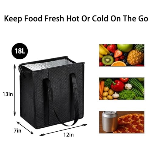 18L Insulated Grocery Bags with Zipper, Reusable Thermal Cooler Tote 2 Black