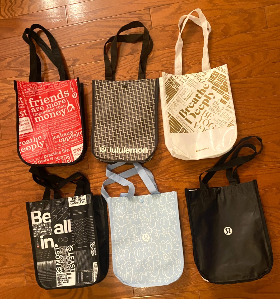 Lululemon Small Reusable Shoppin Tote Bags Black Red Blue Gold 9″ X 12″ Lot of 6