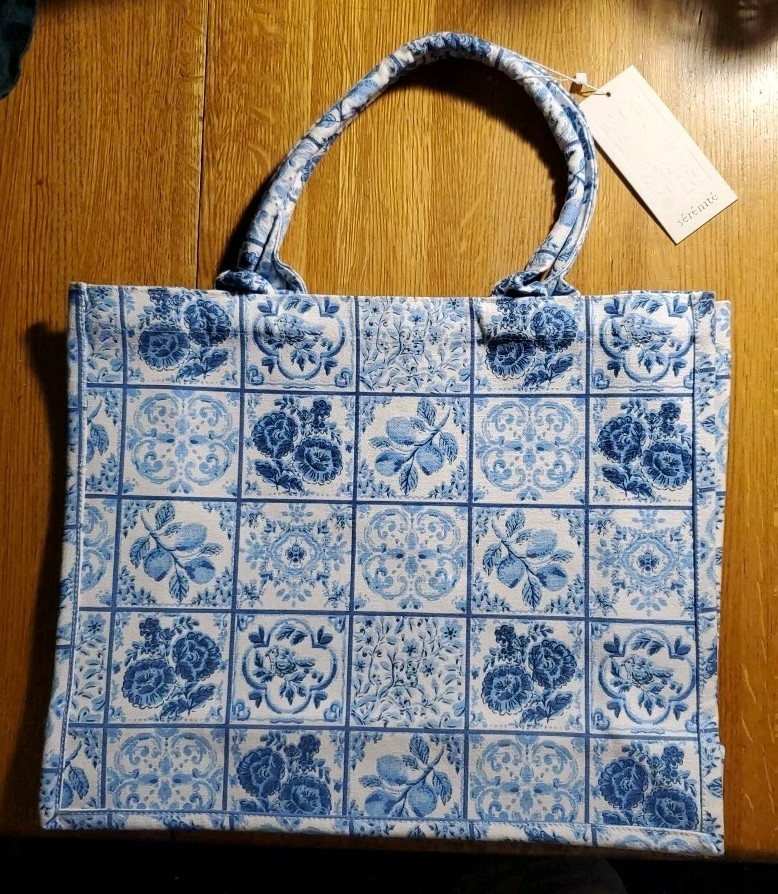 Serenite Spring Blue Floral Cotton Canvas Reusable Shopping Tote Bag